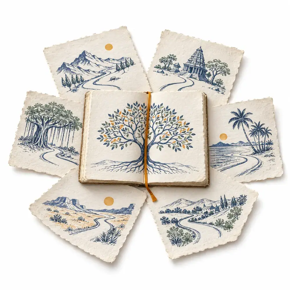 An open paper notebook with overlapping leaves, an editorial illustration of different routes into one idea